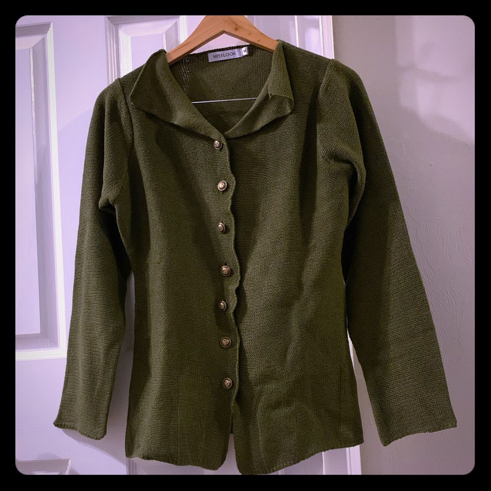 Green cardigan, button-down sweater